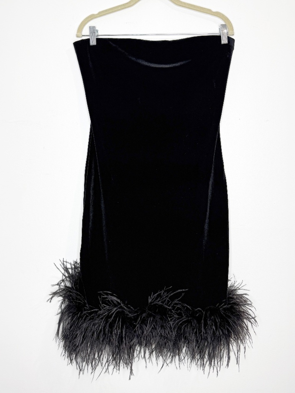 Vintage Carabella Collection Black Velvet Feather Hem Mini Dress L 90s